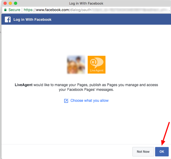 允许 LiveAgent 管理您的 Facebook 页面