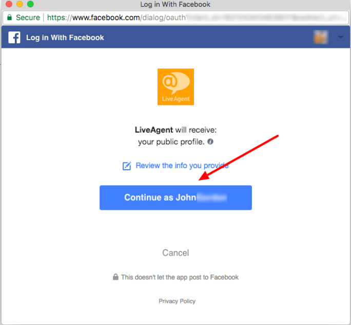 在整合过程中通过 LiveAgent 登录 Facebook 账户